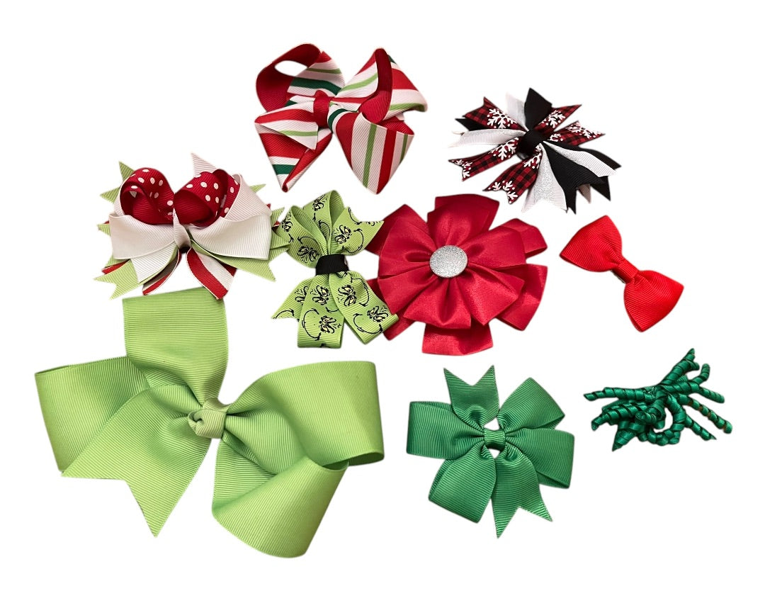 Lot of 9 Holiday Hair Bows Clip Ribbons Grils Grinch Striped