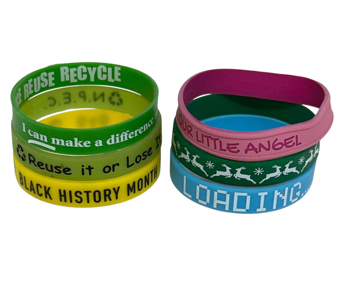 Lot of 6 Assorted Rubber Bracelets Holiday Recycle Gaming Black History