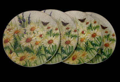 Round Ceramic Drink Coasters Wildflower Butterfly Cork Backed 4"