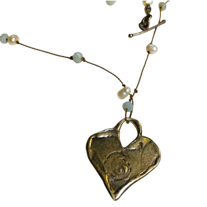 Silvertone Heart Pendant Necklace Delicate Aqua and Pearl Beads 18.5 Inch