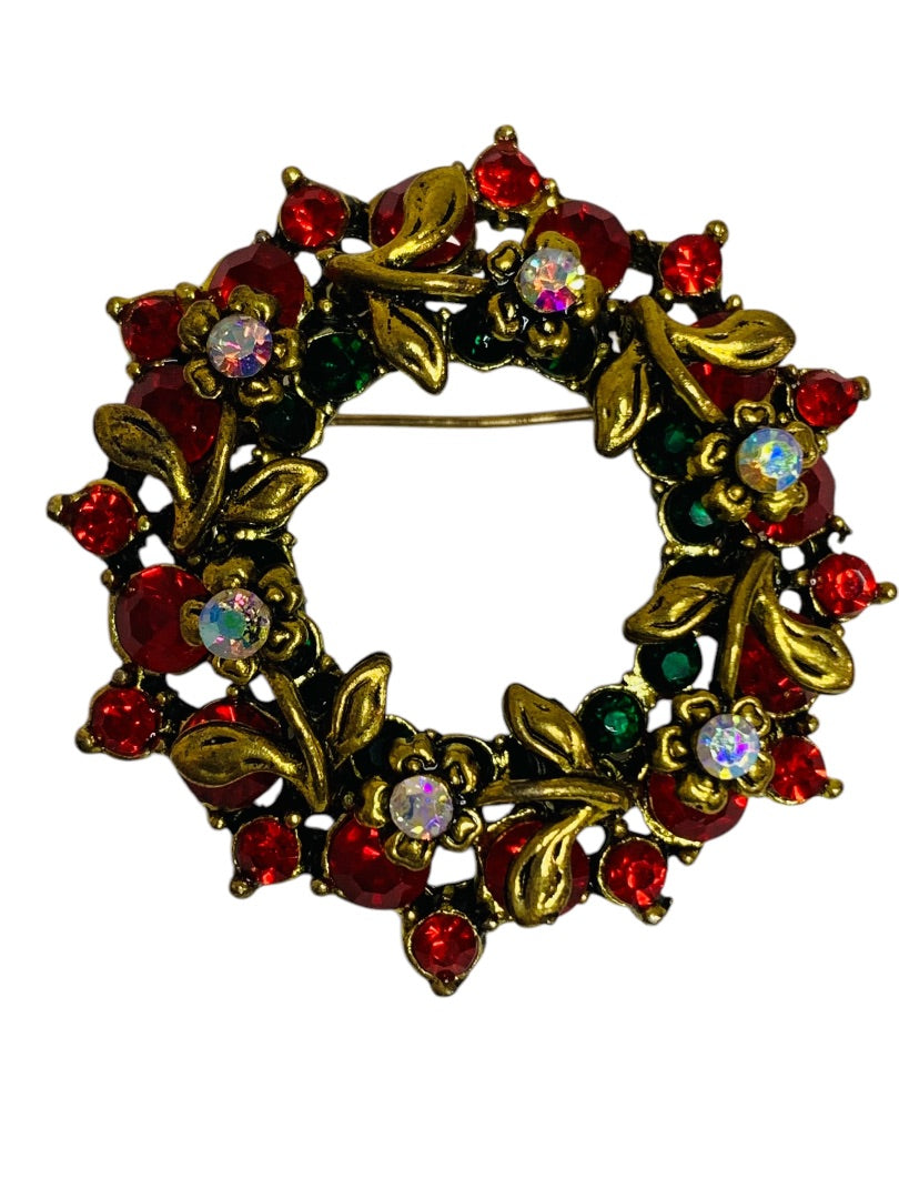 Brooch Pin Goldtone Wreath Red Crystals 1.75 Inch Diameter