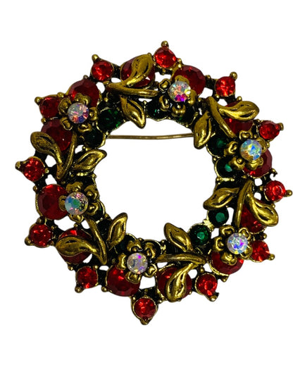 Brooch Pin Goldtone Wreath Red Crystals 1.75 Inch Diameter