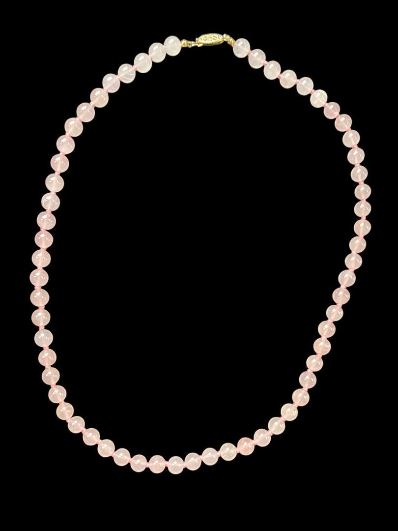 Vintage Rose Quartz Hand Knotted 24 Inch Necklace Fish Hook Intricate Clasp