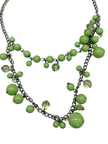 Tiered Kiwi Green Silvertone Statement Necklace 3.5" Drop Lobster Clasp