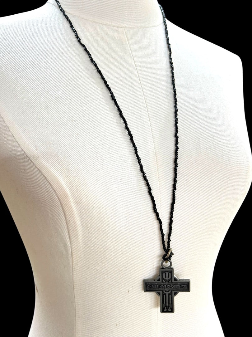 Black 32 Inch Overhead Necklace Pewter Cross Pendant "Christ has Chosen You"