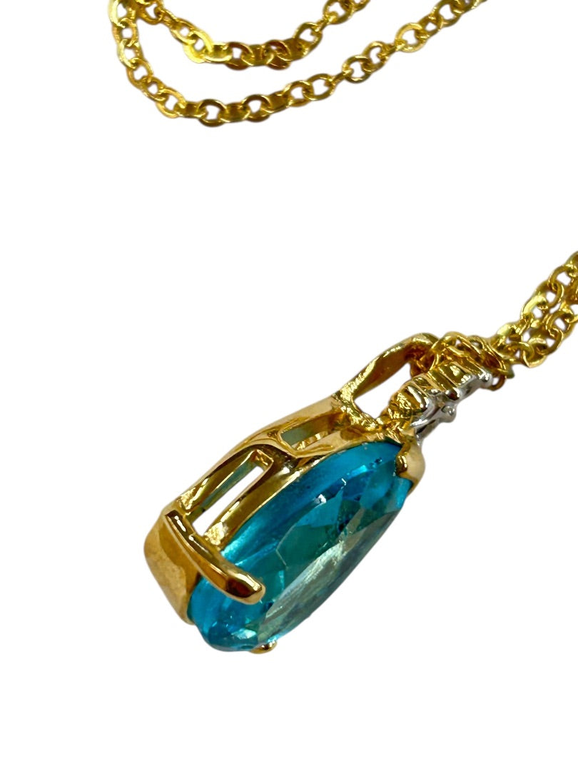 Goldtone 17 Inch Chain with Blue Acrylic Marquis Pendant Spring Closure