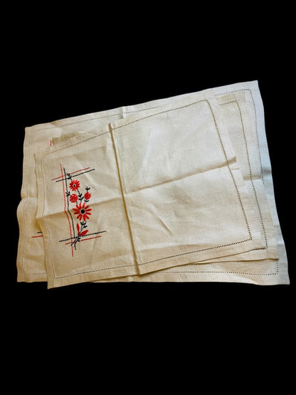Vintage Embroidered Linen Napkins and Placemat Pink Black Natural