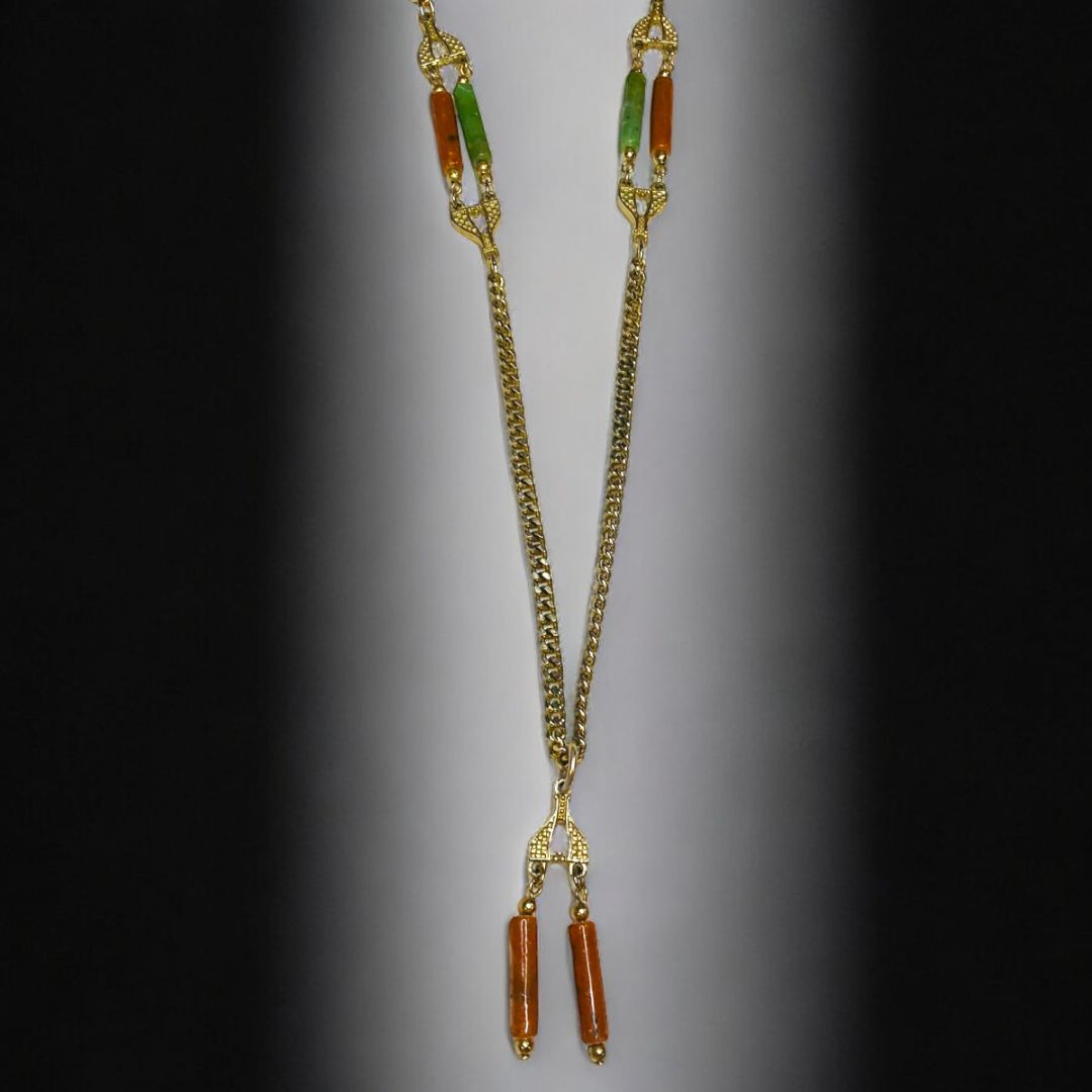 Vintage Emmons Long Tassel Necklace Goldtone Green Orange Acrylic Beads 36 Inch