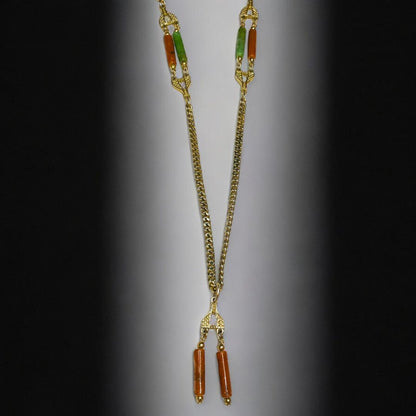 Vintage Emmons Long Tassel Necklace Goldtone Green Orange Acrylic Beads 36 Inch