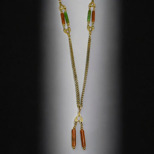 Vintage Emmons Long Tassel Necklace Goldtone Green Orange Acrylic Beads 36 Inch