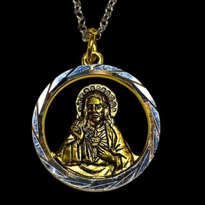 Vintage Jesus Sacred Heart Lightweight Pendant Necklace Goldtone Silvertone