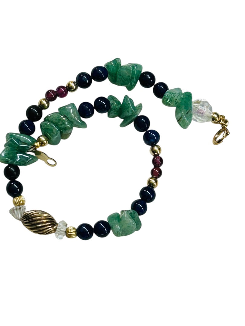 Beaded and Chip Stone 7 Inch Bracelet Green Blue Goldtone Spring Clasp