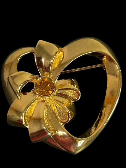 Vintage Goldtone Brooch Pin Heart Shape with Bow Orange Crystal 1.5 Inch