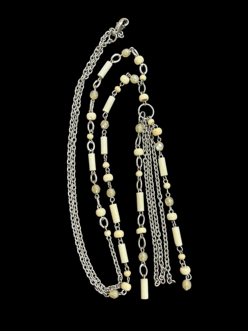 Silvertone Beaded Necklace 34 Inch 5 Inch Drop Cream Beads