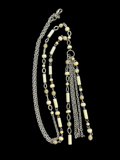 Silvertone Beaded Necklace 34 Inch 5 Inch Drop Cream Beads
