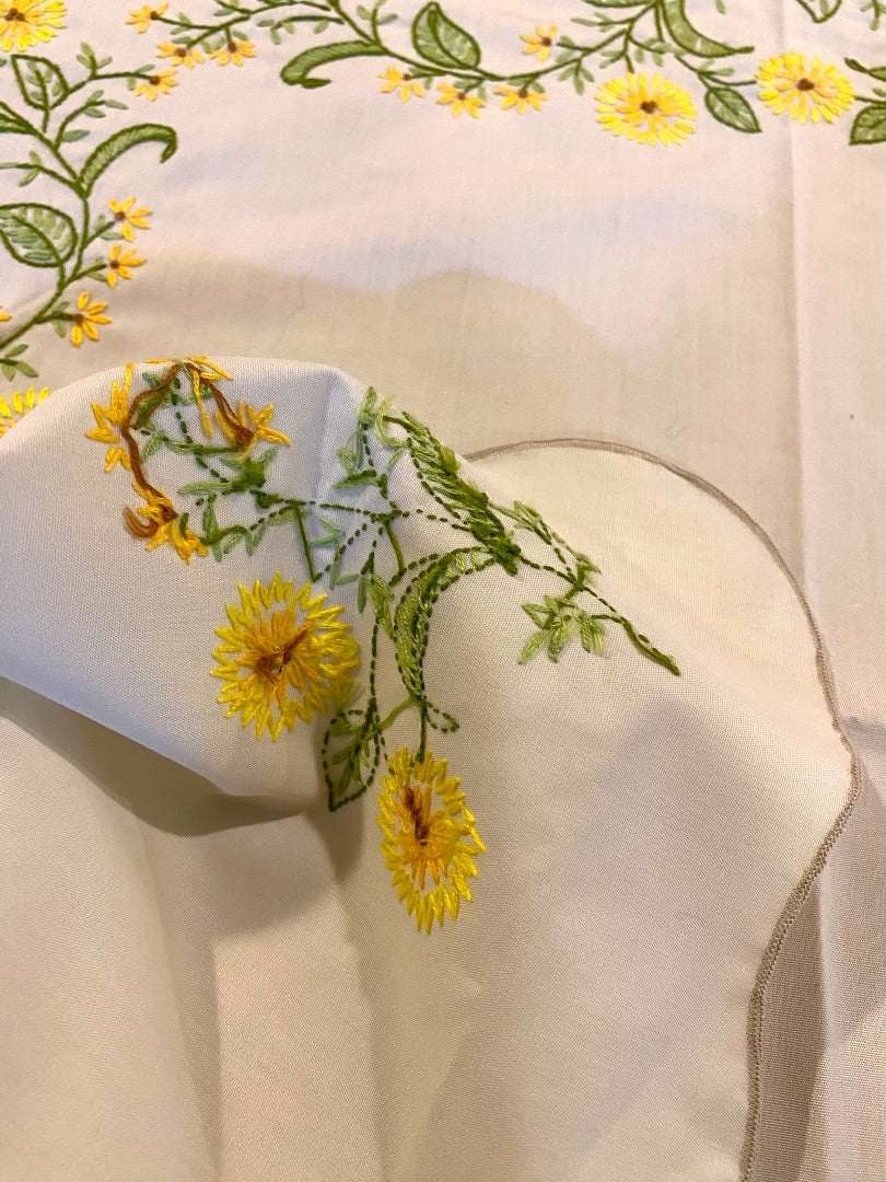 Vintage Embroidered Floral Tablecloth Table Linen 48 x 50 Inch
