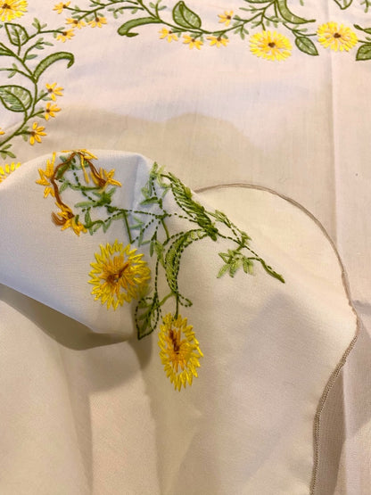 Vintage Embroidered Floral Tablecloth Table Linen 48 x 50 Inch