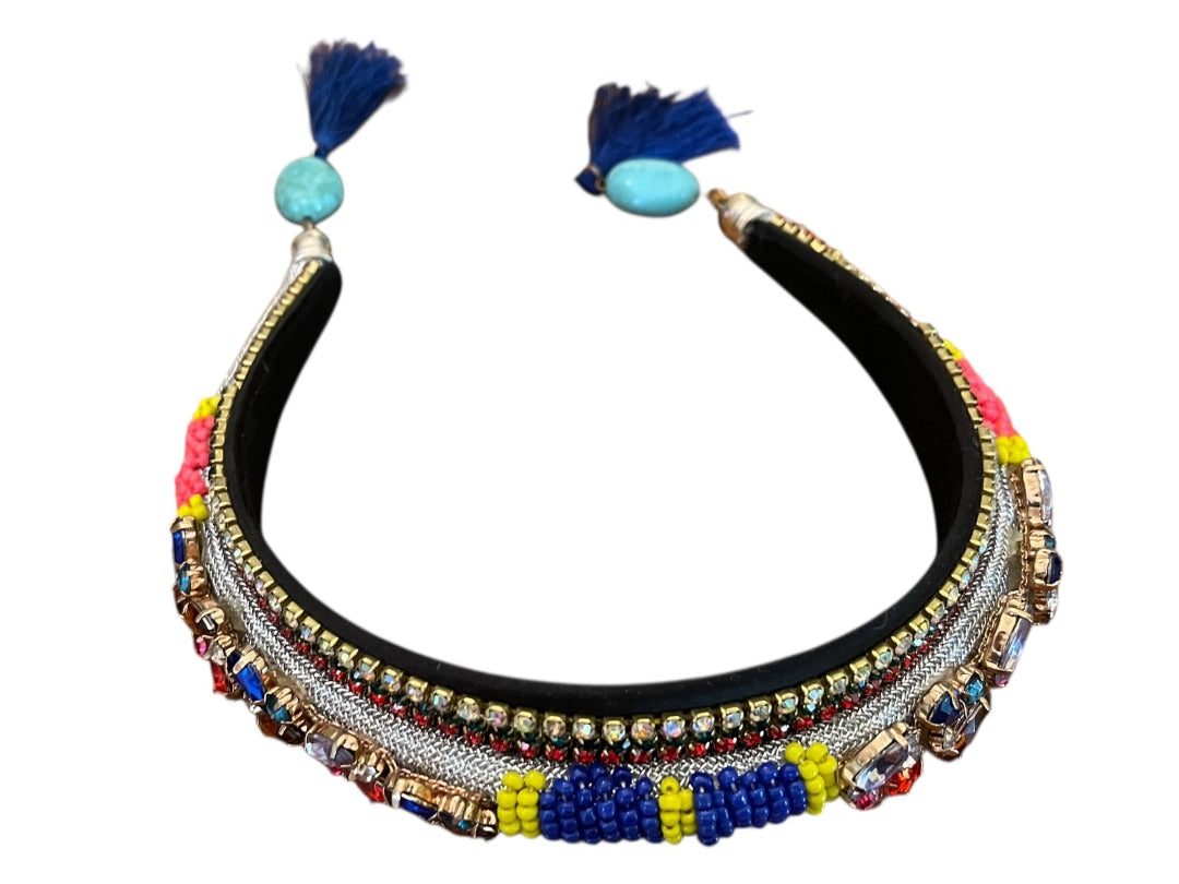 Colorful Rhinestone Jeweled Padded Headband Tassels
