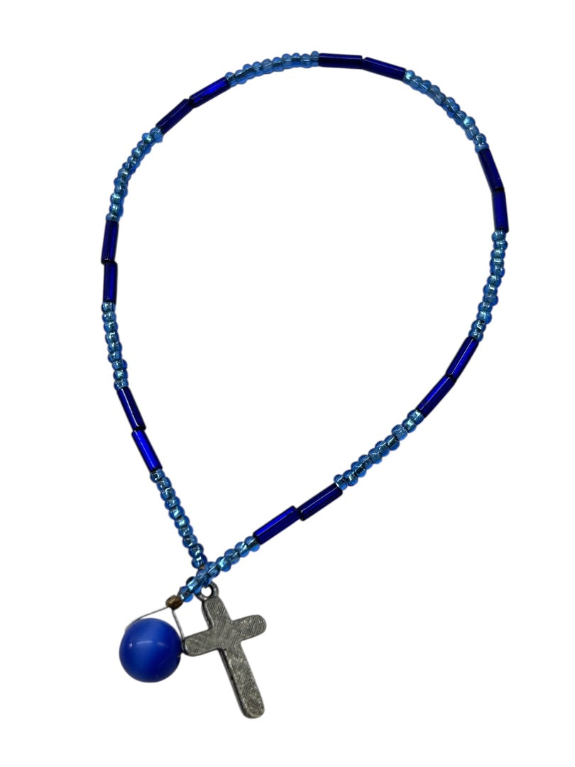 Beaded Blue Silvertone Cross Book Marker Bible 9.5 Inch