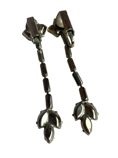 Vintage Rhinestone Clip On Non-Pierced Earrings 2 Inch Drop