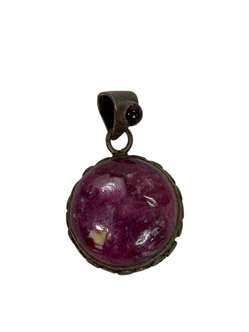 Polished Purple Stone Round Pendant Silvertone Setting 1.5 Inch Drop