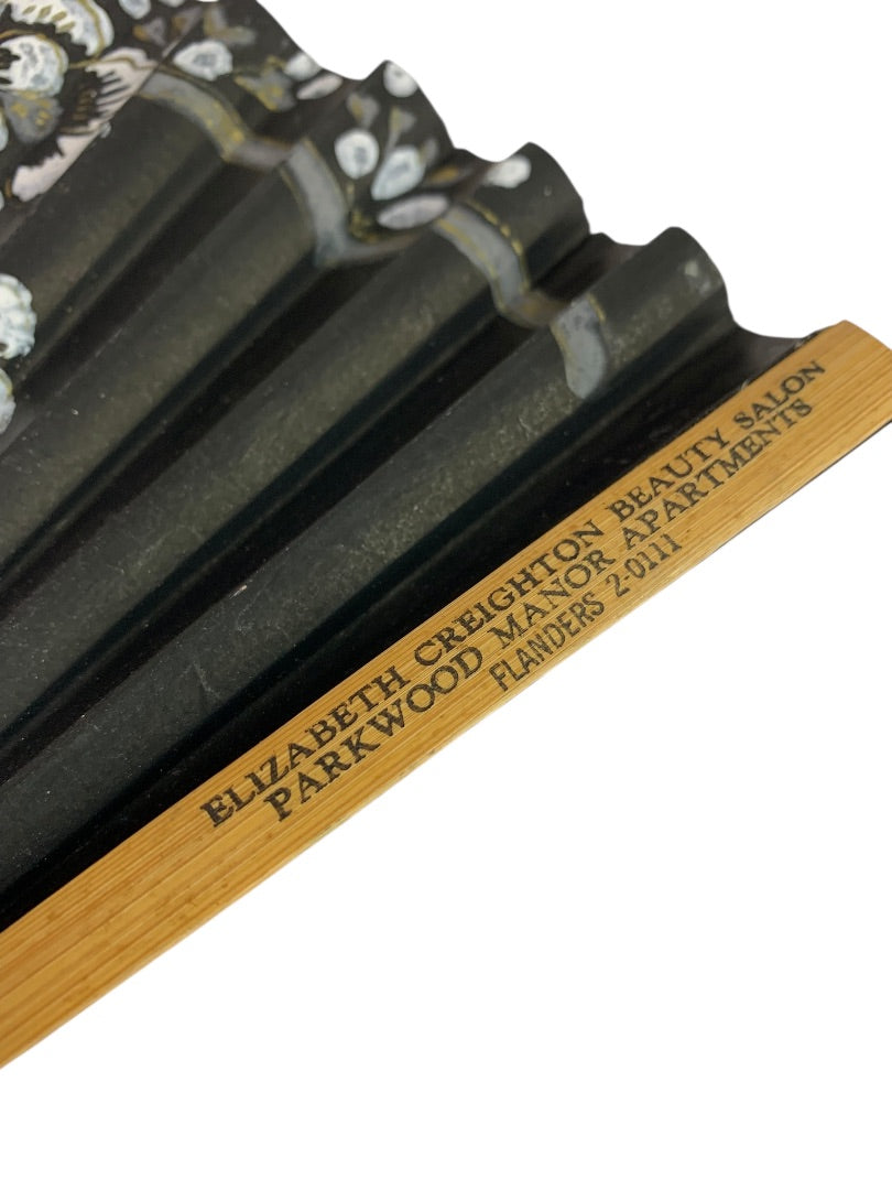 Vintage Paper and Bamboo Black Souvenir Hand Fan 8.5" Elizabeth Creighton Beauty Salon