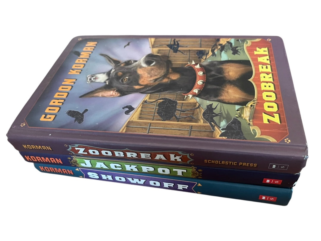 Lot of 3 Gordon Korman Showoff Jackpot Zoobreak Scholastic Hardback