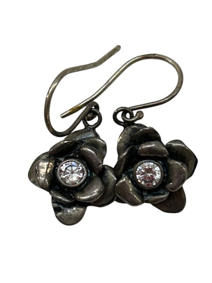 Sterling Silver 925 Fish Hook Pierced Flower Earrings Isreal 1" Drop