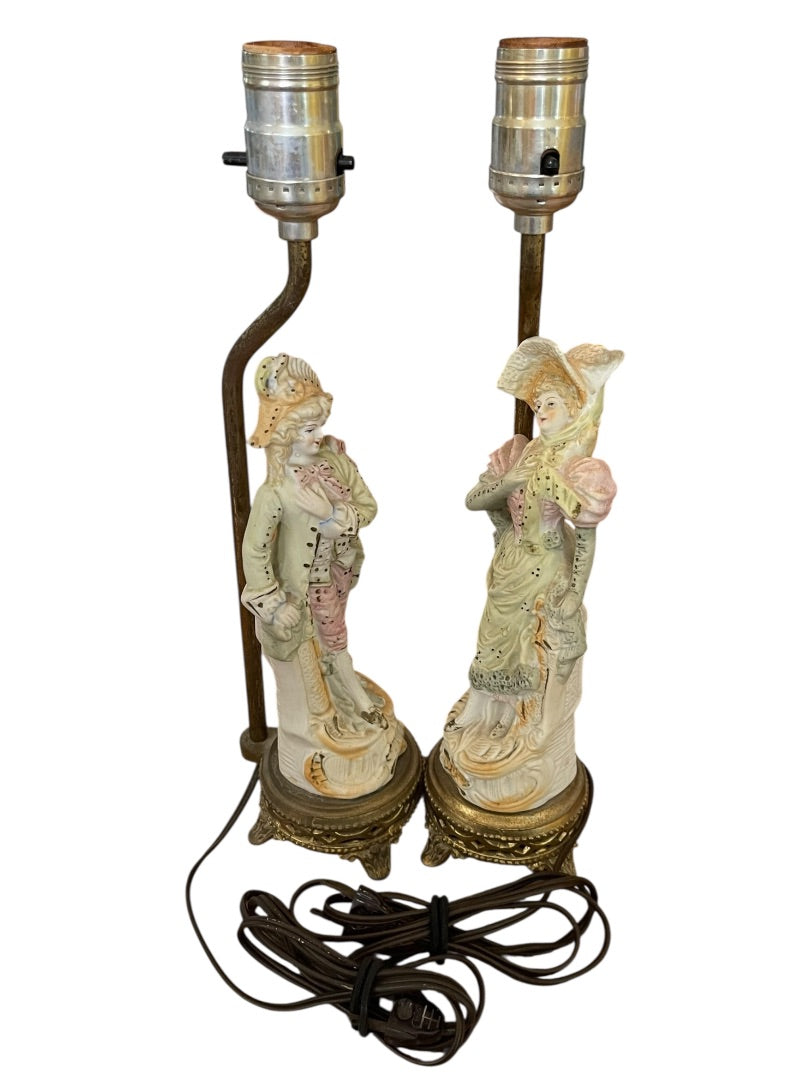 Vintage Table Boudoir Lamps Figural Victorian Man Woman Porcelain 14.5"h F30
