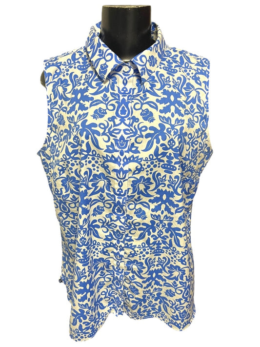 Size 16 Talbots Button Up Wrinkle Resistant Sleeveless Floral Shirt Blue