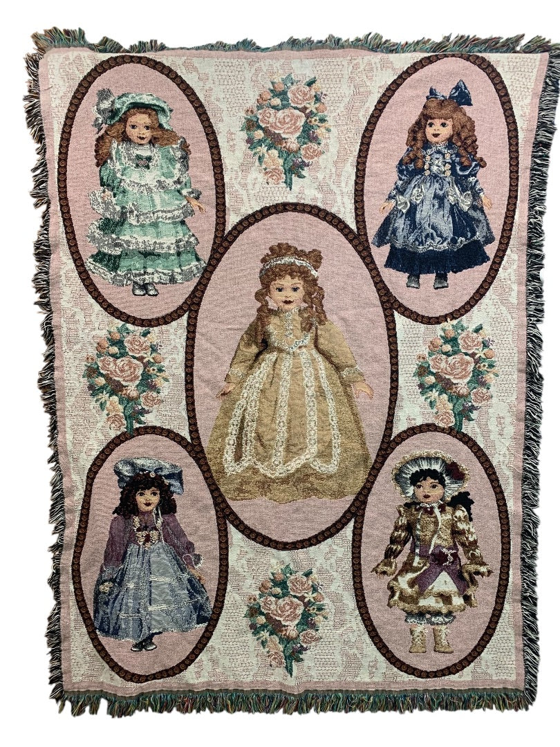Vintage Woven Throw Blanket Collectors Dolls 68" x 50"