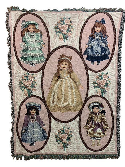 Vintage Woven Throw Blanket Collectors Dolls 68" x 50"