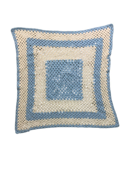 Vintage Crochet Afghan Blanket Throw 38" Square Blue White