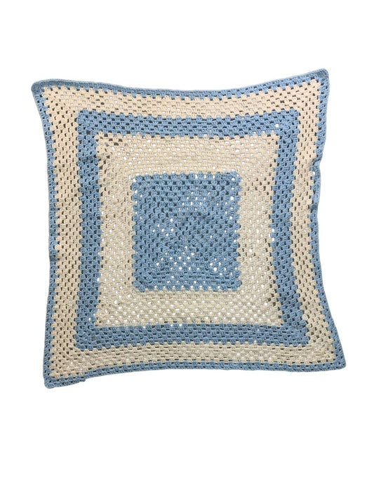 Vintage Crochet Afghan Blanket Throw 38" Square Blue White