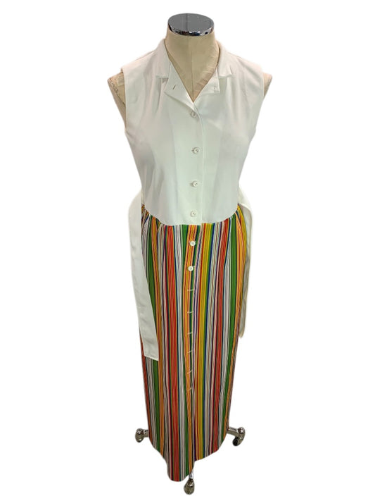 Size 10 Vintage Rainbow Stripe Maxi Dress White Sleeveless Button Front