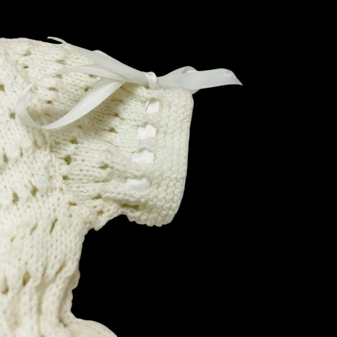 Vintage Infant Baby Dress Hand Crochet Knit White Ribbon Detail