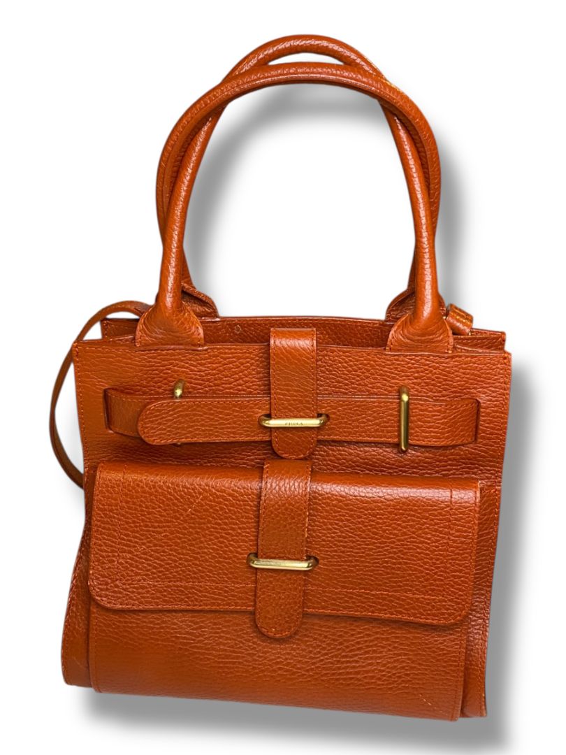 Furla Rust Pebbled Leather Handbag Satchel Shoulder Strap Italy