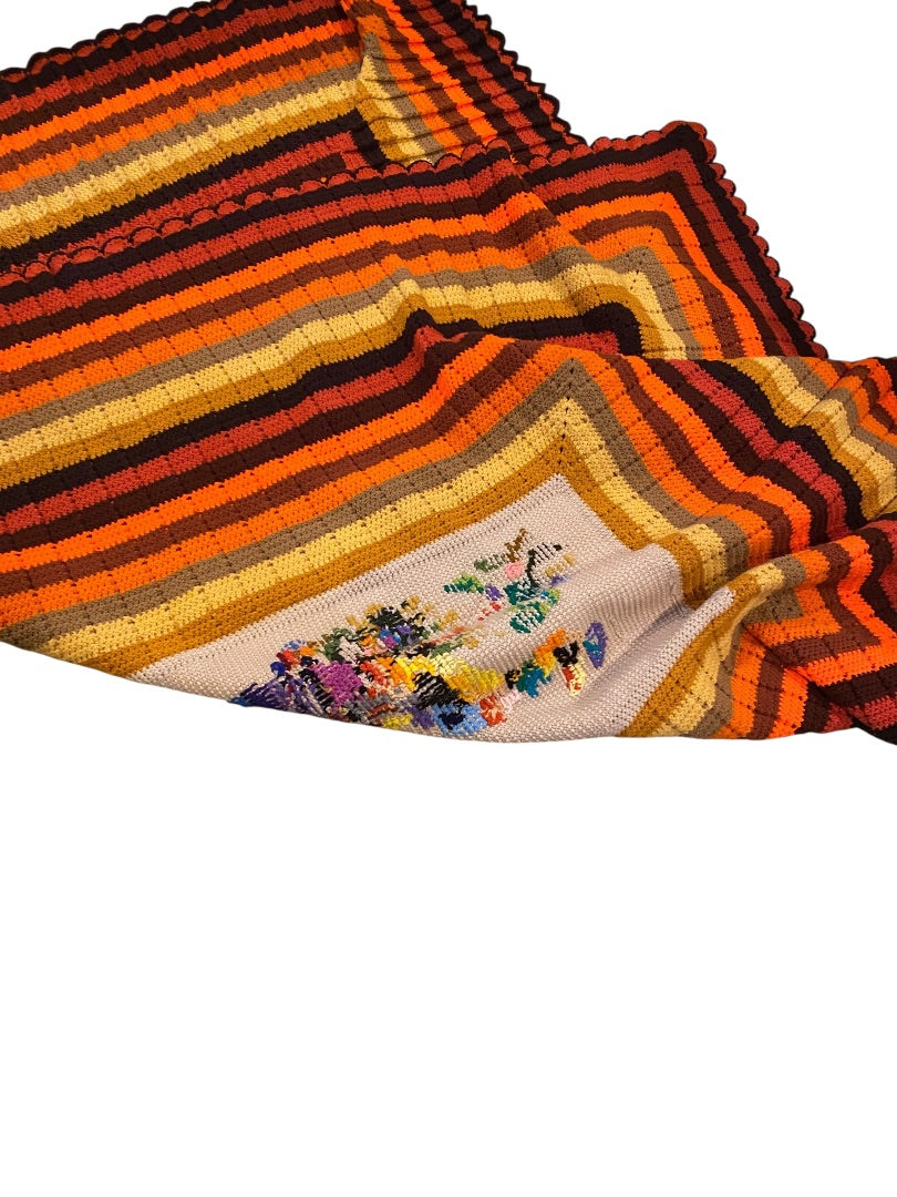 MidCentury Crochet Needlework Afghan Peacock 86" x 69" Orange Brown