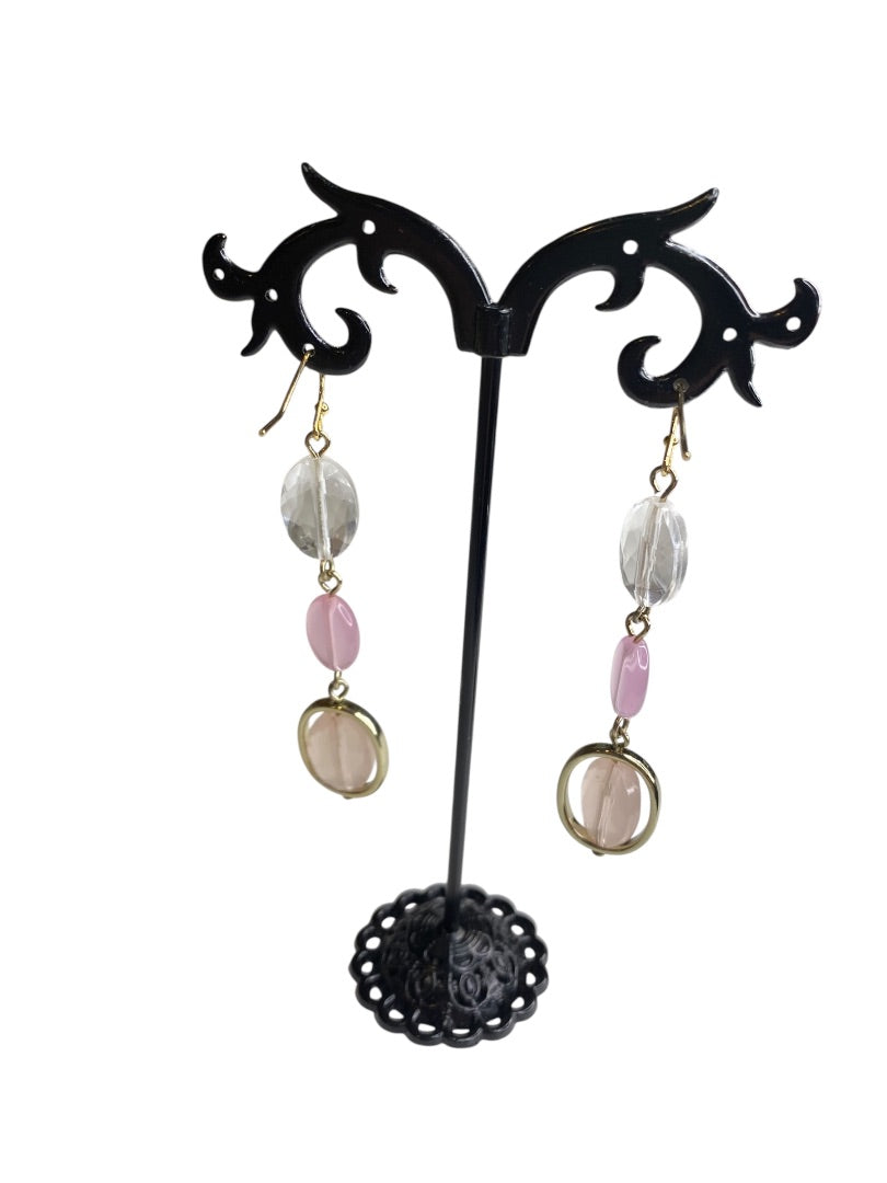 Goldtone Pink Clear Bead Pierced Fishhook Earrings 2.5" Drop