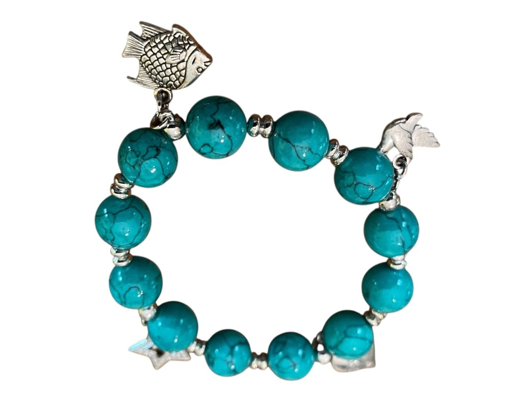 Beaded Stretch Silvertone Fish Dove Star Religious Stretch Bracelet Bright Blue
