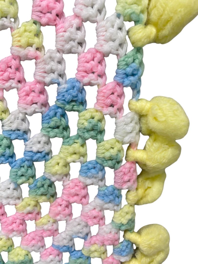Vintage Crochet Baby Blanket Pastels 44" Square Yellow Pom Pom Trim