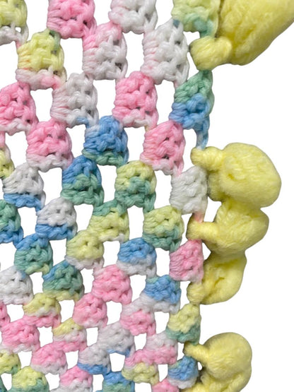 Vintage Crochet Baby Blanket Pastels 44" Square Yellow Pom Pom Trim