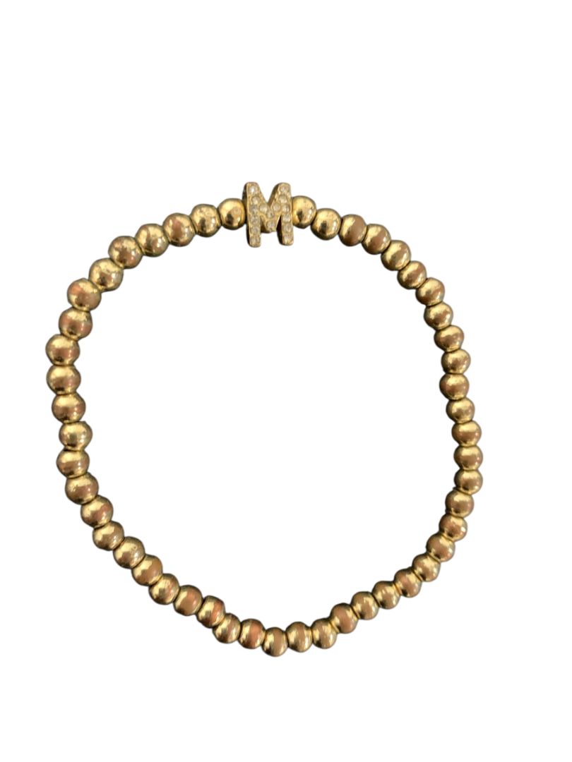 Goldtone Metal Beaded Stretch Bracelet Initial "M"