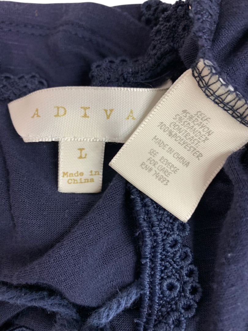 Size Large Adiva Womens Soft Navy Blue Boho Shirt Lace Short Sleeve
