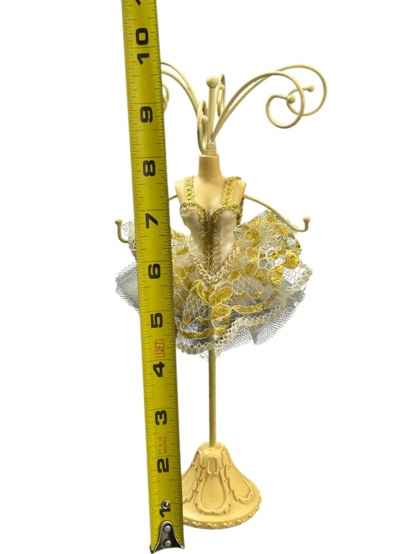 Ballet Ballerina Jewelry Stand Ivory Gold Tutu 9.5" Metal
