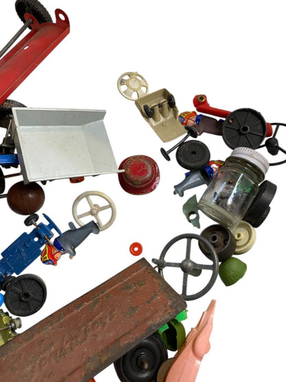 Vintage Toy Parts Pieces Scrap Junk Lot Wheels Hats Tires Plastic Tin