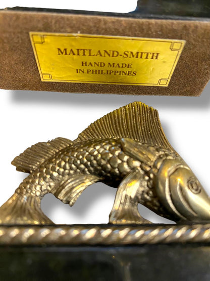 Set of 4 Maitland-Smith Handmade Placecard Name Holders Fish Marble Brass