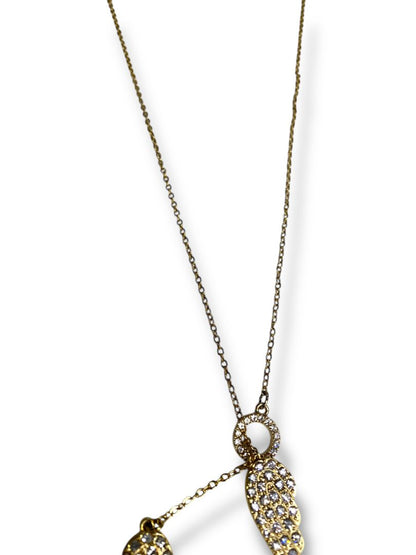 Goldtone Necklace Overhead Adjustable Feathers Rhinestones 26"