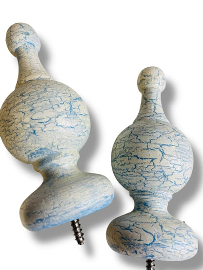 Vintage Wooden Set of 4 Finial Posts White Blue Crackle Paint 4.25" Screw In