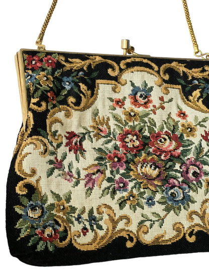 Walborg Floral Tapestry Embroidery Clutch With Chain KissLock Closure Vintage